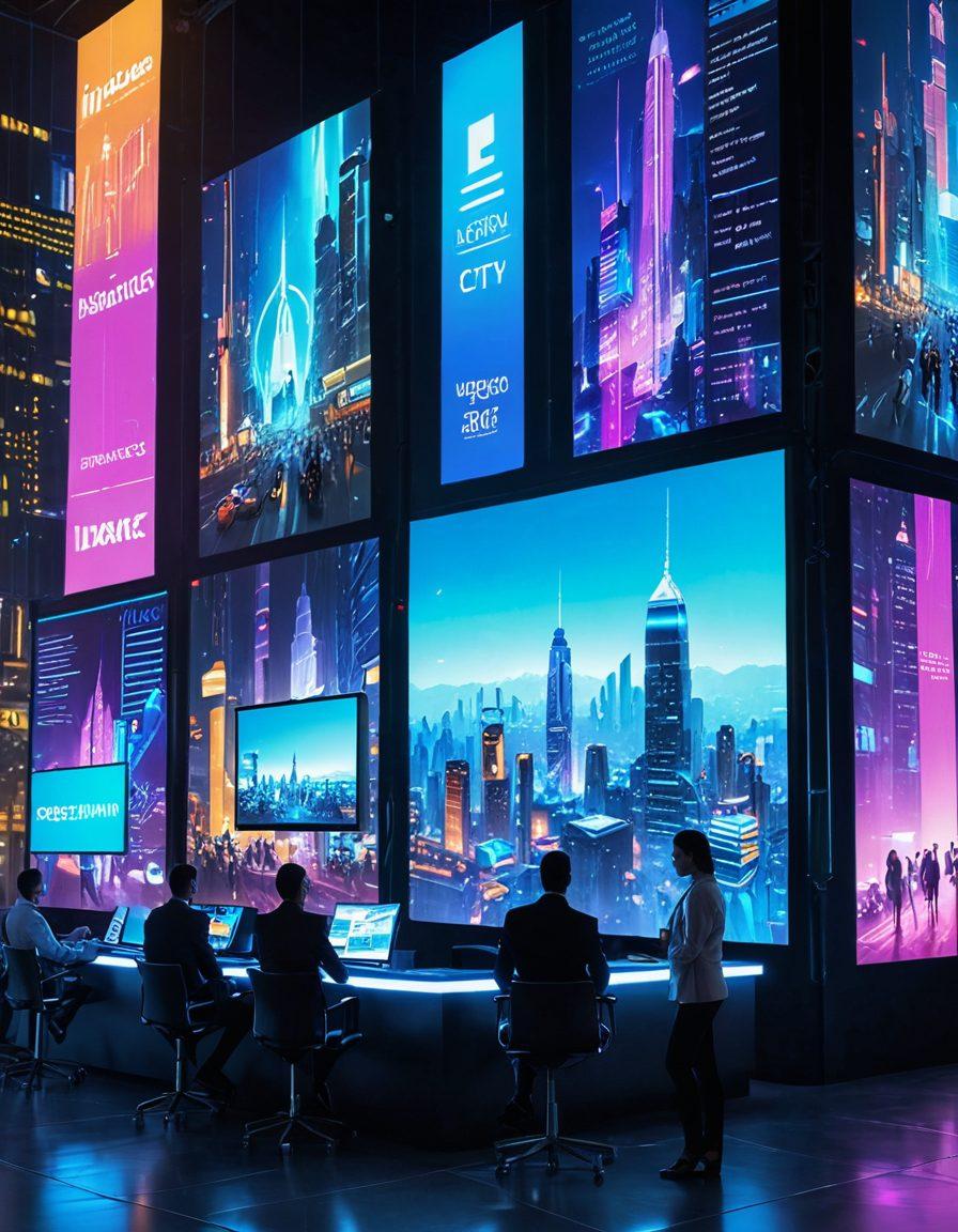 A futuristic city skyline illuminated with digital billboards promoting innovative insurance solutions. People interacting with holographic displays showcasing digital policies. In the foreground, a diverse group of individuals discussing financial protection while surrounded by virtual graphs and symbols of security. The scene is vibrant and optimistic, representing progress in the insurance industry. cyberpunk. vibrant colors. 3D.