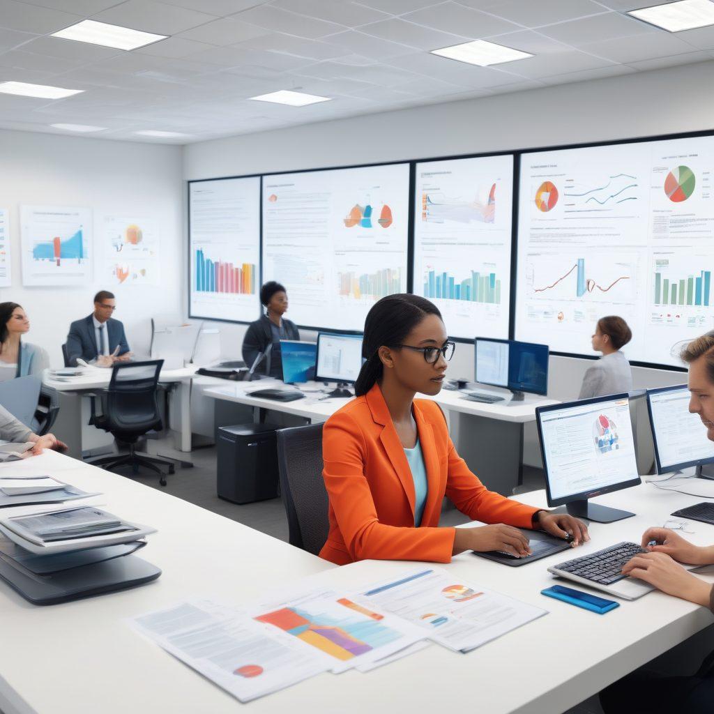 A modern insurance office equipped with advanced technology, showcasing a digital dashboard displaying risk management analytics. In the foreground, a diverse group of professionals discussing strategies, with elements like AI, data graphs, and insurance documents around them. The setting should convey innovation and collaboration, highlighting the synergy between technology and risk management. super-realistic. vibrant colors. white background.